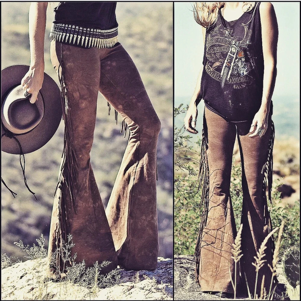 PETITE LENGTH Hip Hugger Fringe Bell Bottoms in SADDLE TIE DYE Boho Flares Pants - Picture 5 of 10